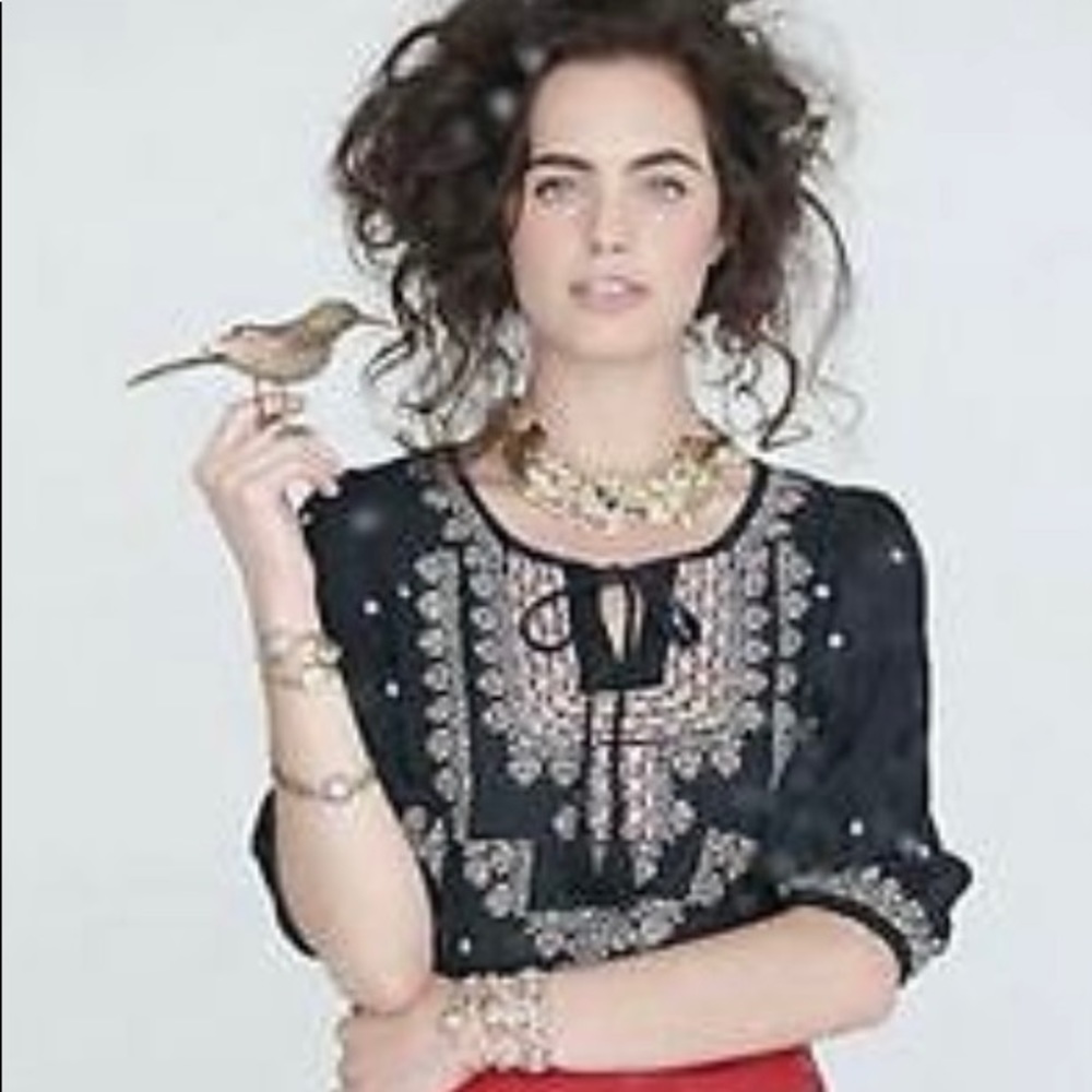 Embroidered Peasant Blouse with Tassels, Ties and Sequins XS
